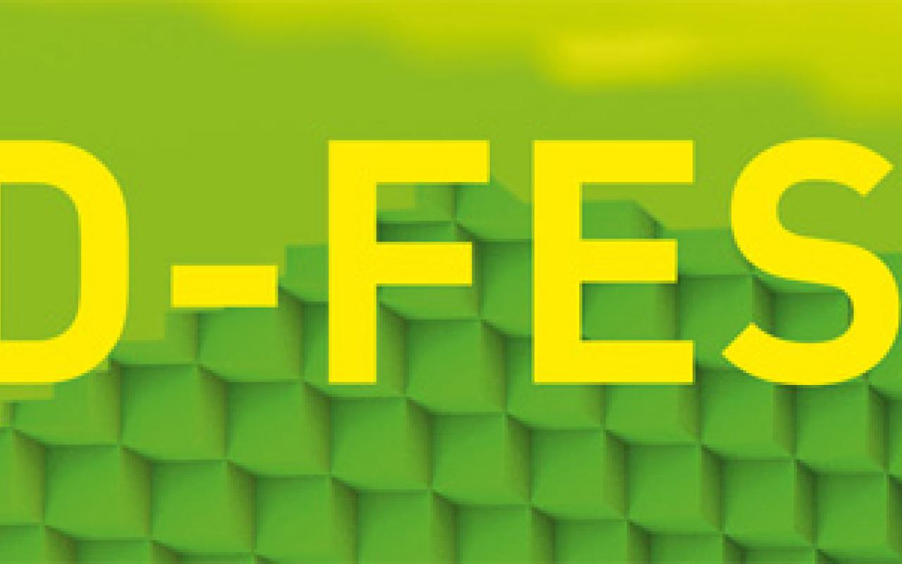 Gelbe Schrift auf grünem Grund: 3D-Festival