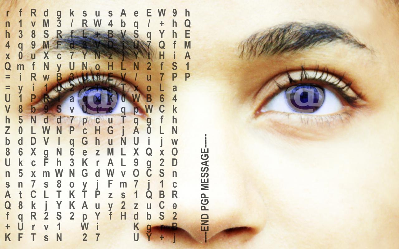 Der Ausschnit eines menschlichen Gesichts ist zu sehen, der Fokus liegt auf den Augen und der Nase, die teilweise mit Buchstaben überzogen sind.