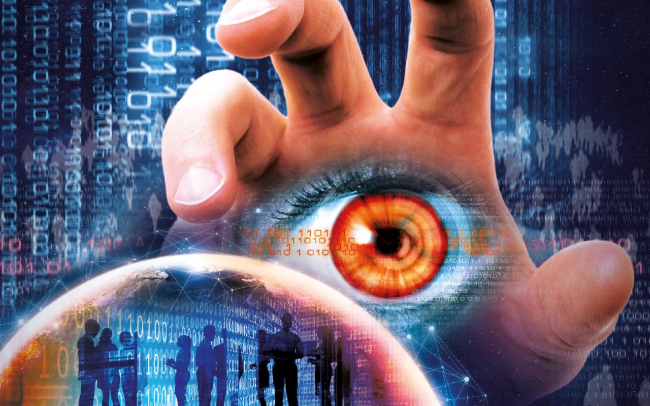 One hand reaches for a crowd of people who use different digital devices. An eye is depicted in the palm of the hand. In the background, rows of numbers rattle through the picture.