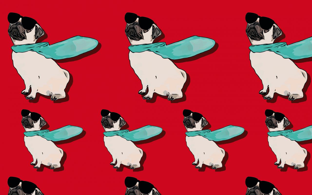 Lots of pugs with cape and sunglasses against a red background.