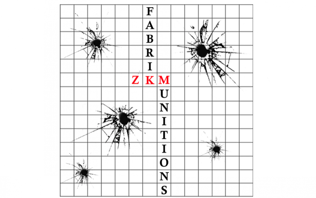 The picture shows a grid with the letters MUNITION FABRIK and bullet holes