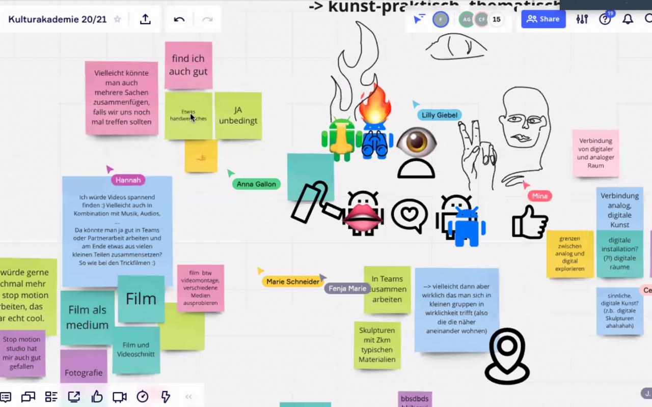 Auf dem Bild ist ein Screenshot von einem Ideenboard mit verschiedenen Zeichnungen und Notizen zu sehen, die im Rahmen der Kulturakademie Baden-Württemberg 2020/21 entstanden sind.