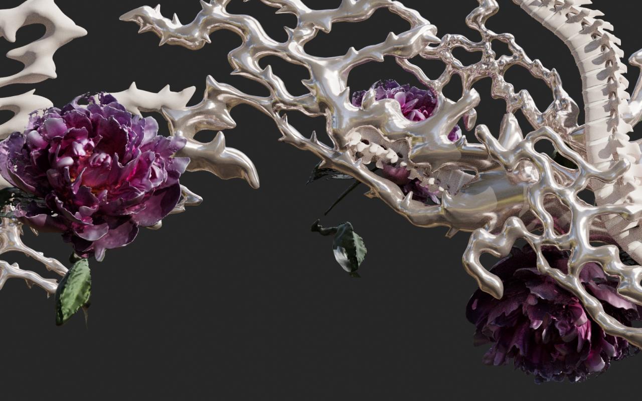 Flowers in dark purple in front of a bone-like white construct. The background is black.