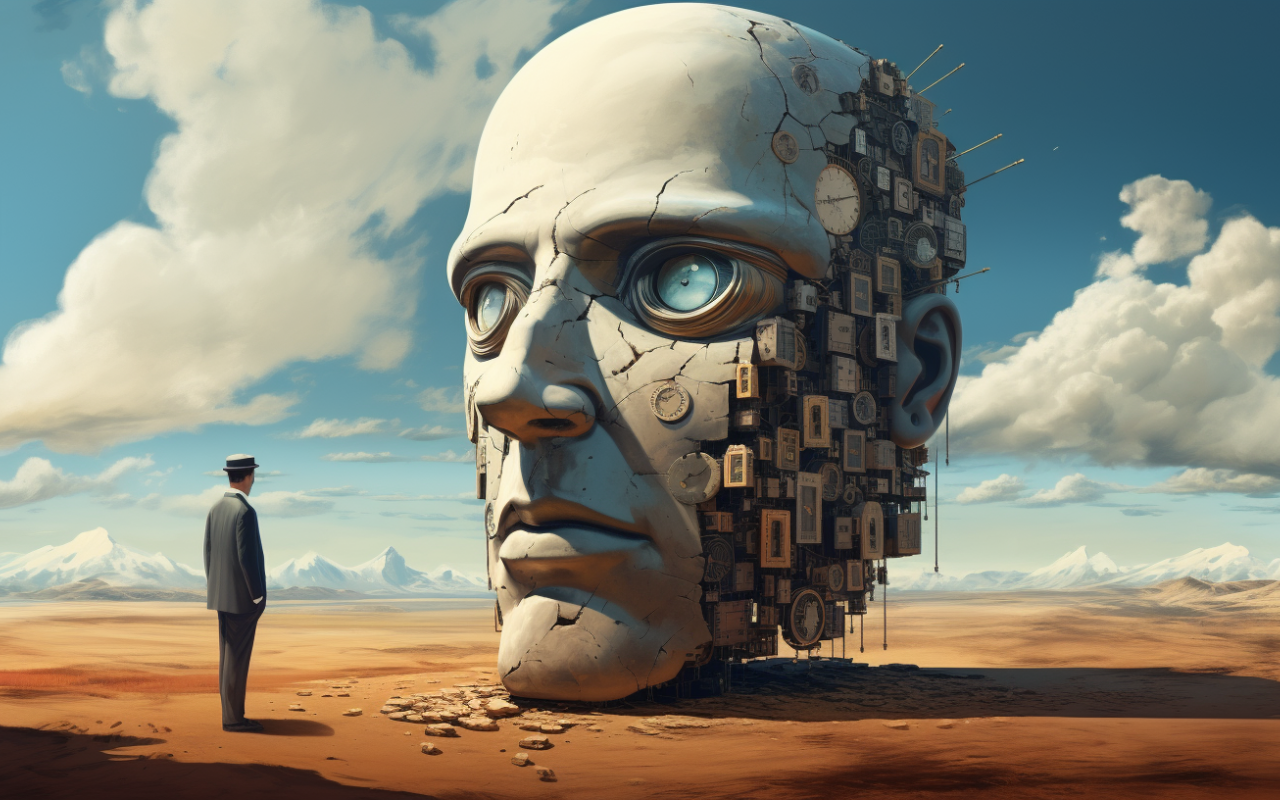 Auf dem Bild ist ein wüstenartige Landschaft zu sehen. Links im Bild steht ein Mann im Anzug und schaut auf eine Art Skulptur, einen großen Kopf, dessen dem Zuschauer zugewandte Seite aus Uhren besteht. 