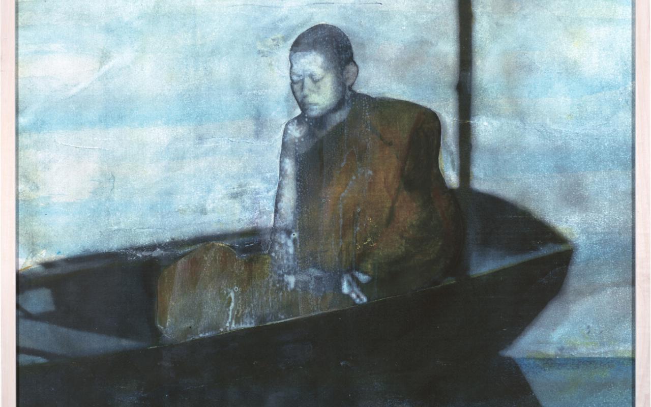 Painting showing a monch in a boat.