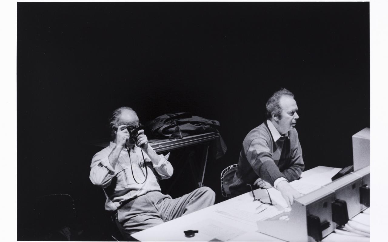 Luigi Nono (left) with Hans Peter Haller at IRCAM in Paris