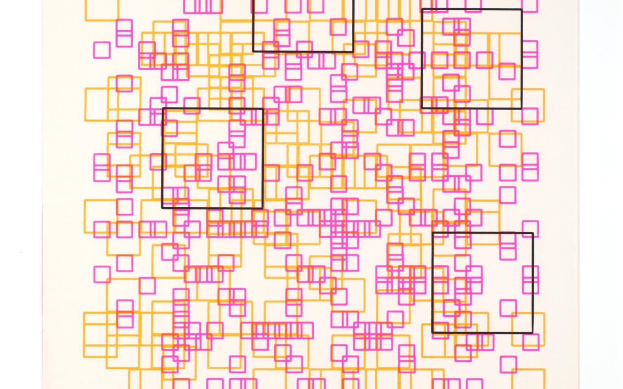 GElbe, rosa und schwarze Quadrate auf weißem Grund