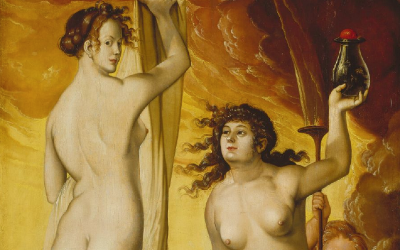 Zu sehen sind »Die Wetterhexen« von Hans Baldung Grien. Links sieht man den Rücken und das Halbprofil einer nackten Frau, rechts sitzt eine nackte Frau und hält ein Gefäß in der Hand.