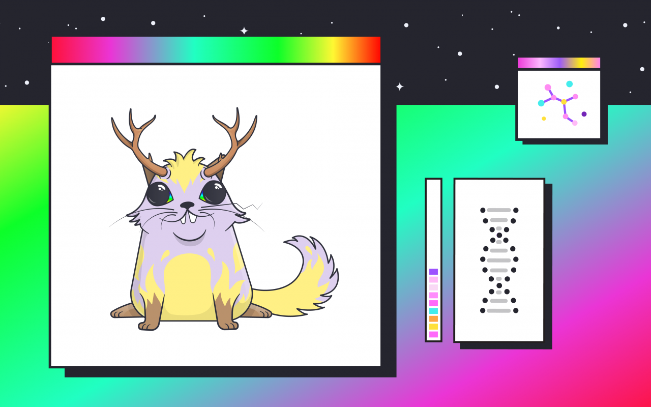 The picture shows a so-called cryptokitty and a DNA helix.