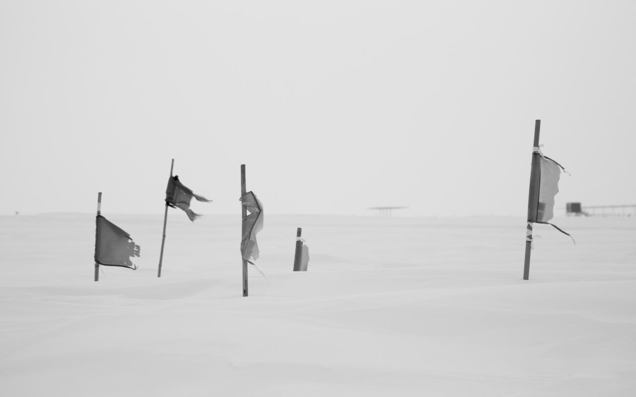 The picture shows a black flag at the South Pole in black and white.