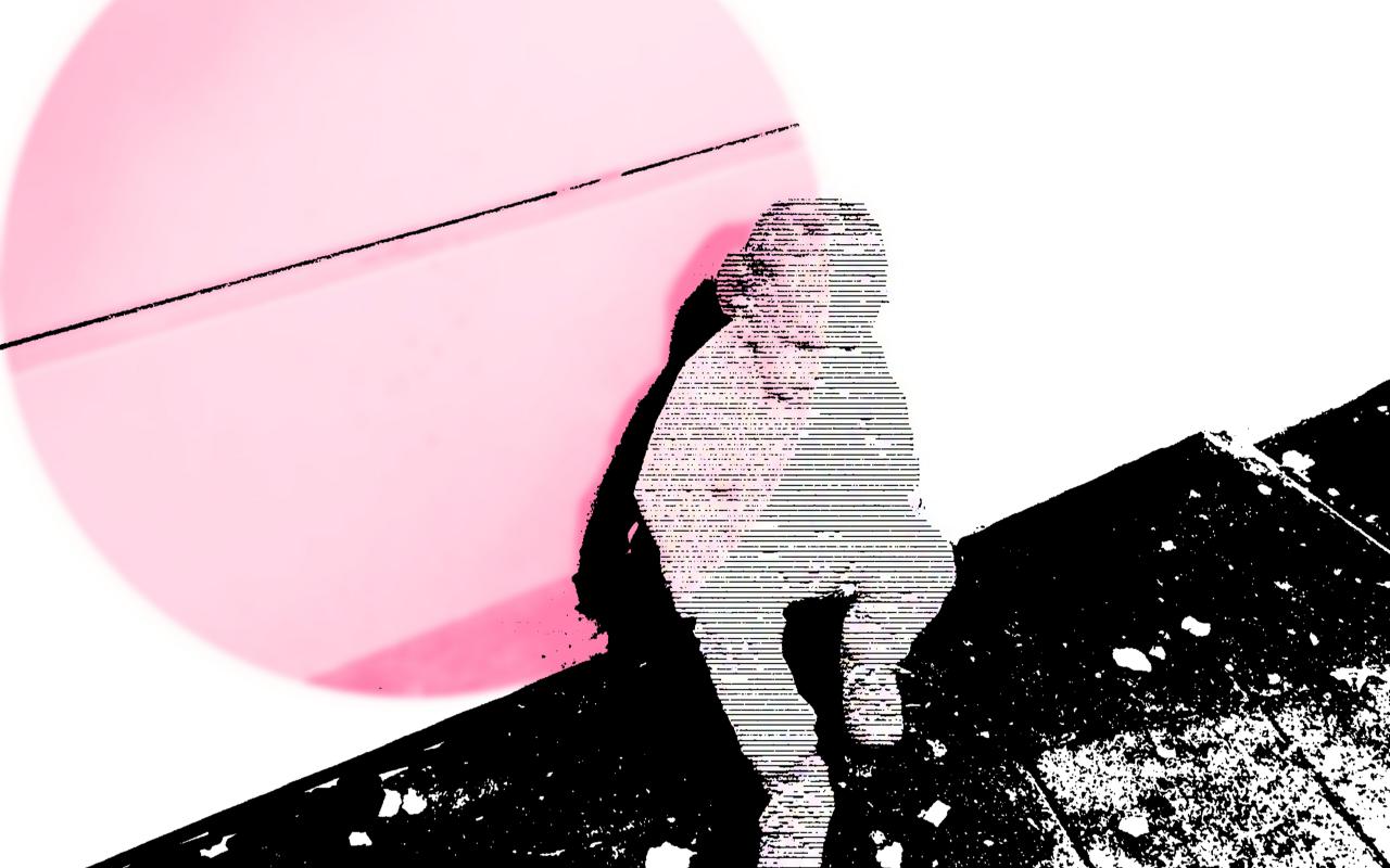 Bildhafte Collage einer sitzenden Person mit einem rosafarbenen Kreis im Hintergrund
