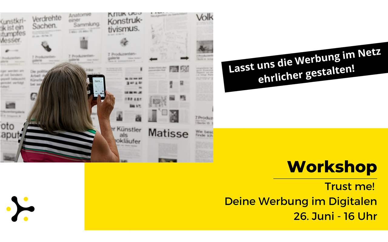 Titel des Workshops auf gelbem Grund, Digilog-Logo und Foto einer Person, die Plakate an einer Wand fotografiert.