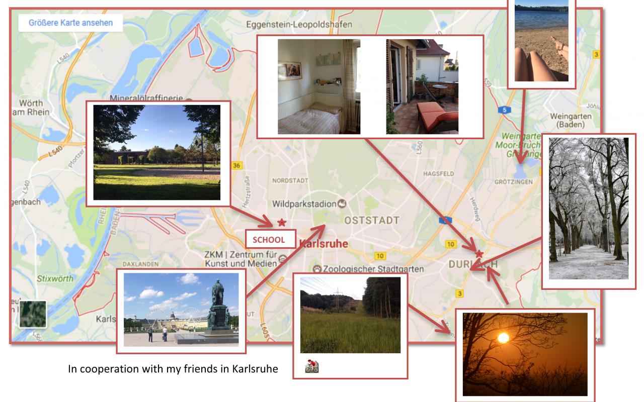 Das Bildschirmfoto zeigt die Karte von Karlsruhe mit verschiedenen Orten makiert. Wohnraum, Schule sowie Freizeitaktivitäten sind vermerkt.