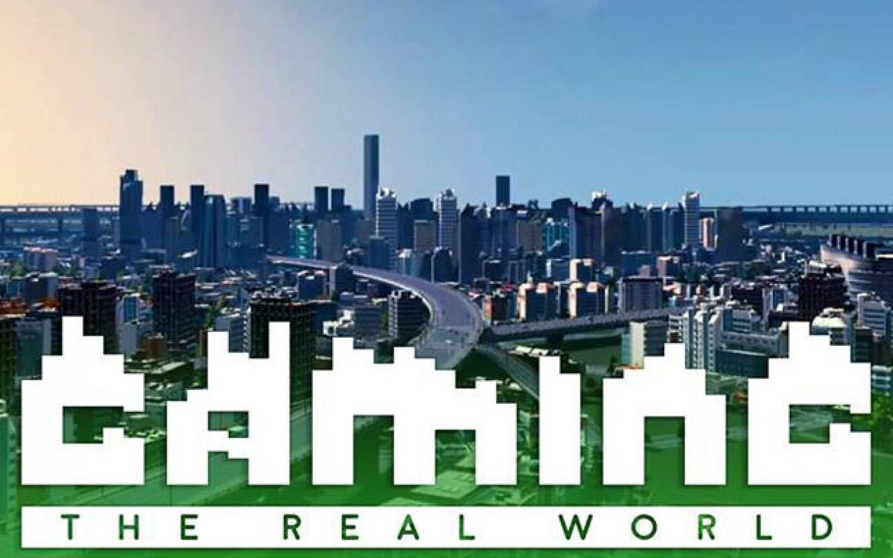 The skyline of a big city with the lettering "Gaming the real world"