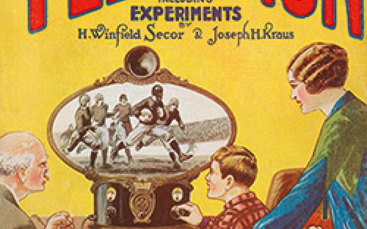 Bookcover: Hugo Gernsback (ed.): All about Television.  A boy, an old man and a middle-aged woman watch a rugby game on an antiquated television.