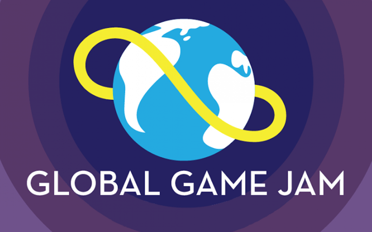 Colorful graphics showing a globe and the text »Global Game Jam«.