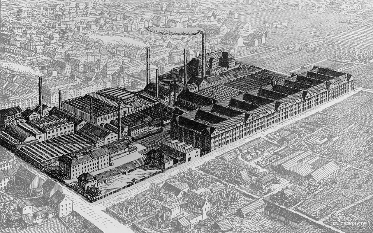 Sketch from aerial photograph of the hall building of Berlin-Karlsruher-Industrie-Werke Aktiengesellschaft, formerly Deutsche Waffen- und Munitionsfabriken AG 