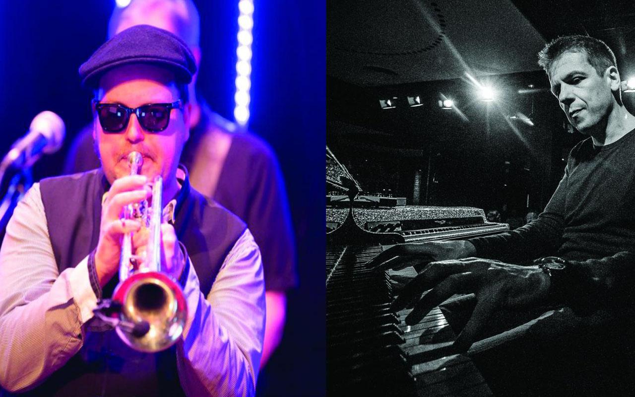 A photomontage of two portraits. On the left the frontal profile of a man with sunglasses, hat and trumpet. On the right the side profile of a man at the piano.