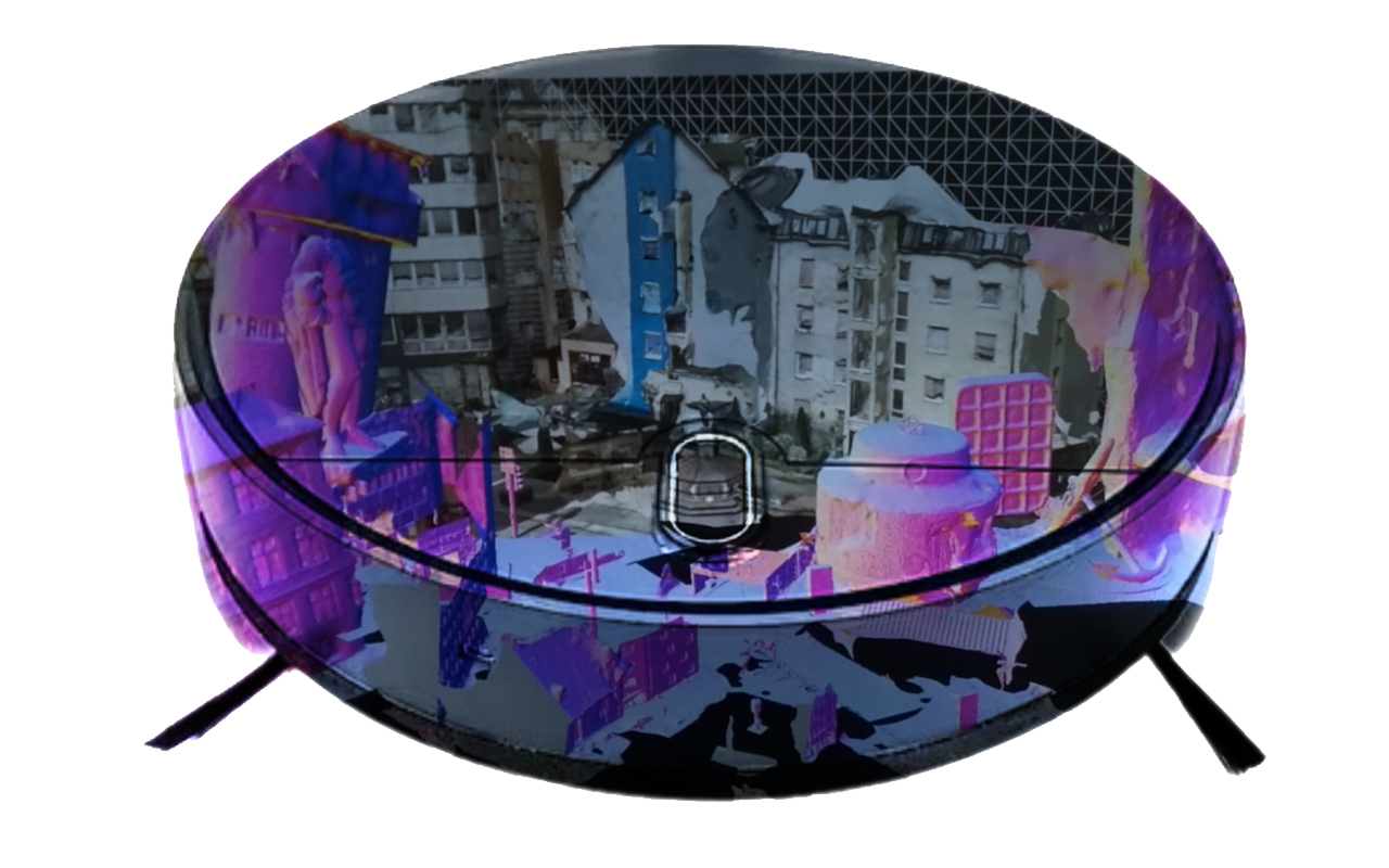 A robot vacuum cleaner with a city reflected on it