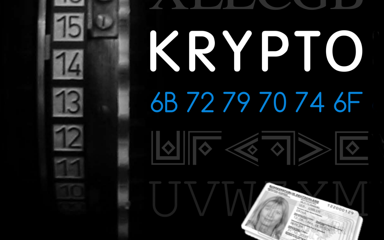 Das Bild zeigt verschlüsselte kryptographische Informationen und einen Personalausweis
