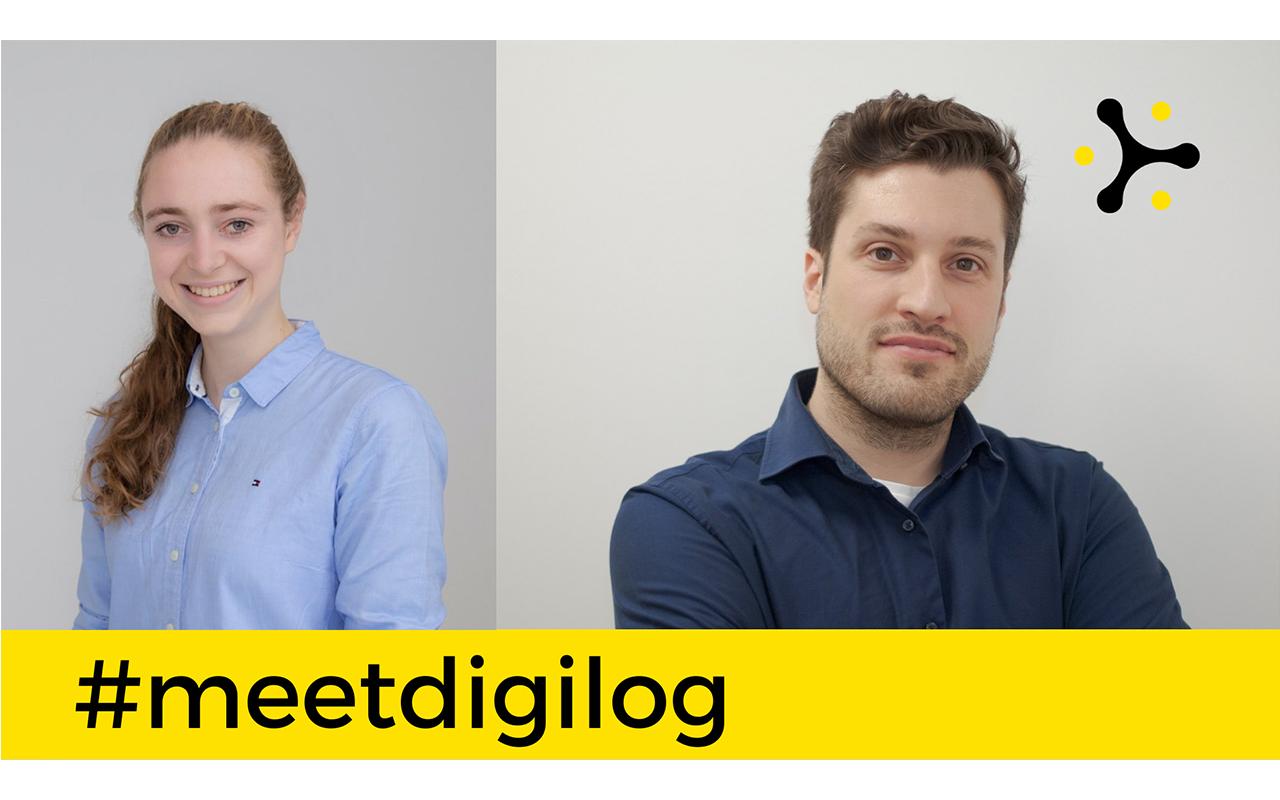 The lettering "Digitalisierung im Dialog" and logo, including portraits of Rebecca Janßen and David Klock.