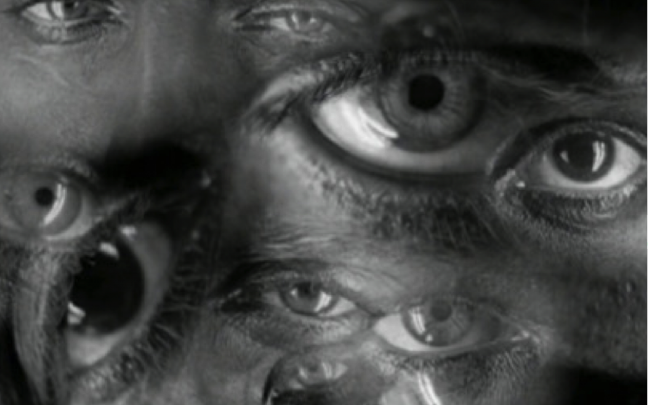 The black and white image shows a collage of numerous pairs of eyes