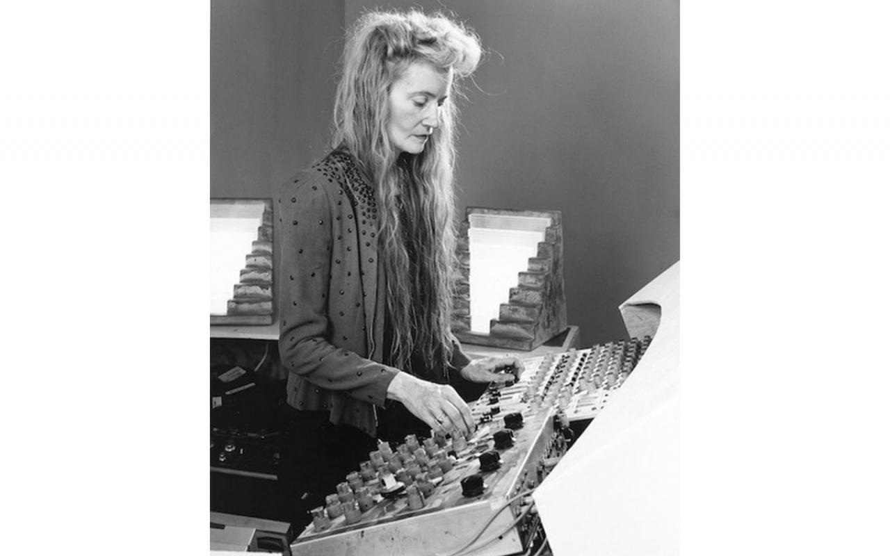 Maryanne Amacher in front of a mixing desk