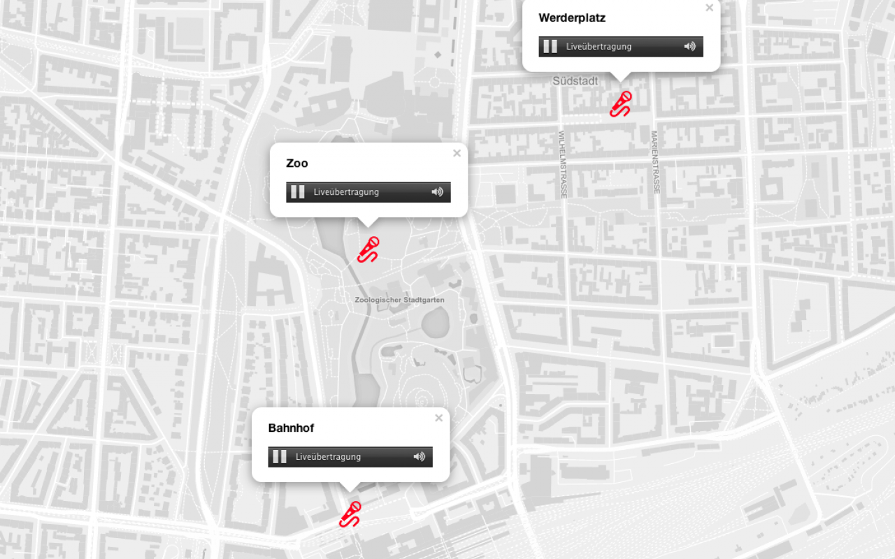 Screenshot der App »My City, My Sounds«: Stadtkarte mit Symbolen 