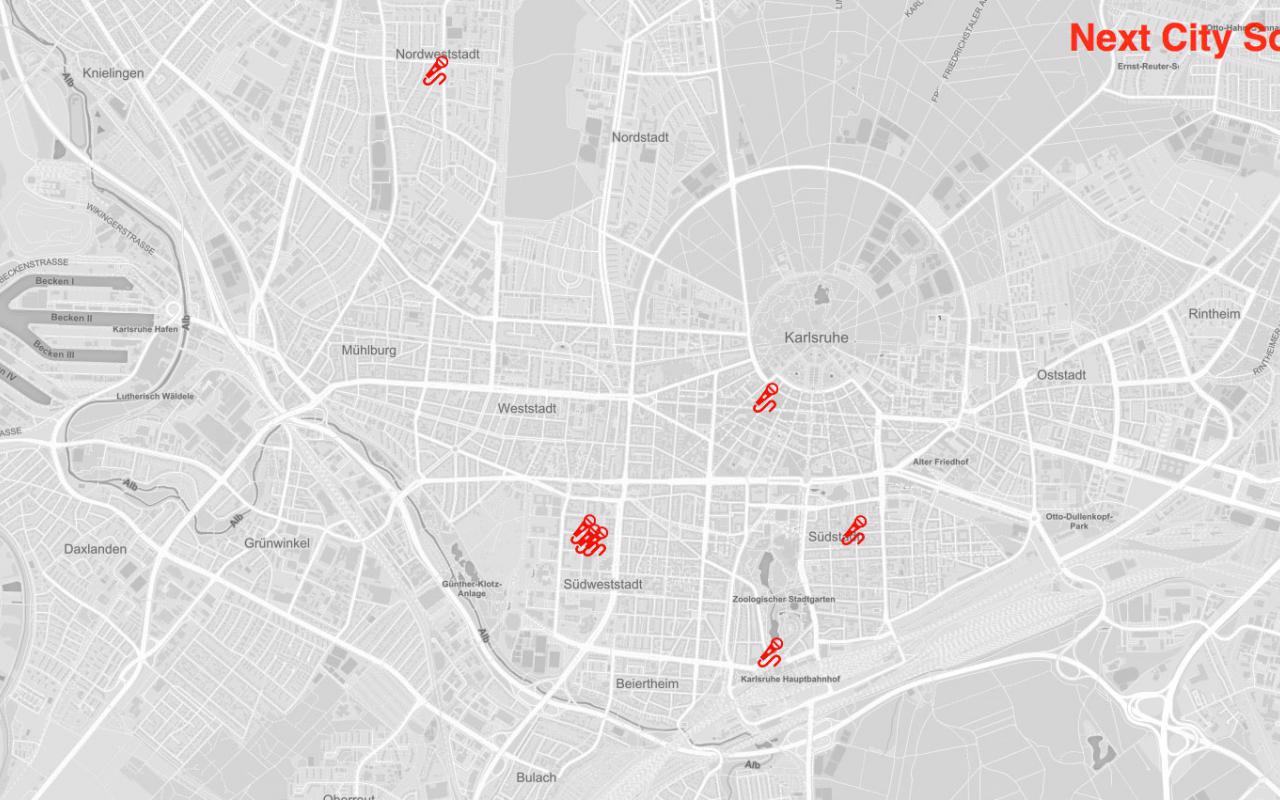 Screenshot der Webanwendung, auf welchem man eine Karte der Innenstadt Karlsruhes sieht, auf der Klangstationen eingezeichnet sind.