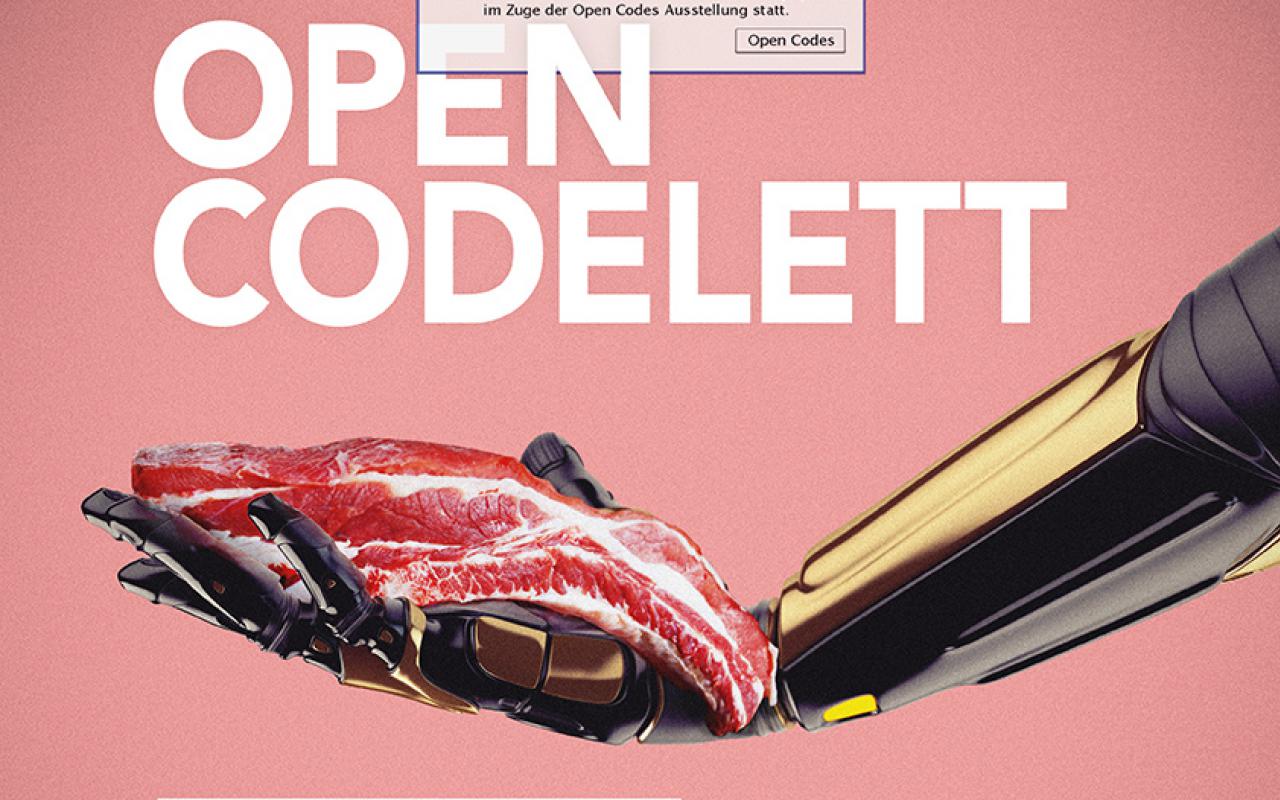 Das Plakat mit dem Titel »Open Codelett« zeigt einen Roboterarm, der ein Codelett in der Hand hält. 