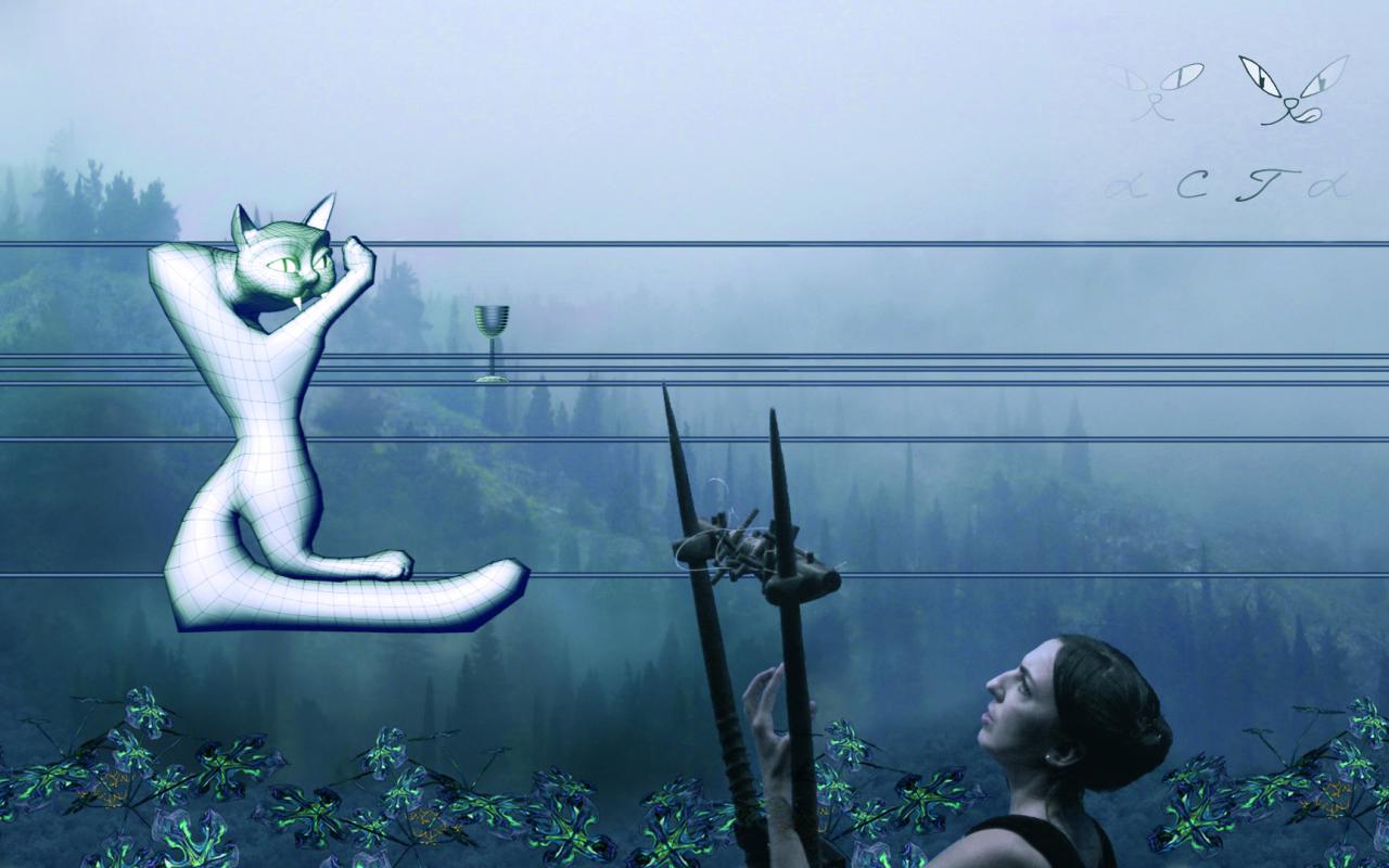Eine Frau mit Lyra vor einer blauen, unscharfen Landschaft. Sie blickt auf eine Katze, die mit Hilfe eines CAD-Systems gezeichnet wurde.