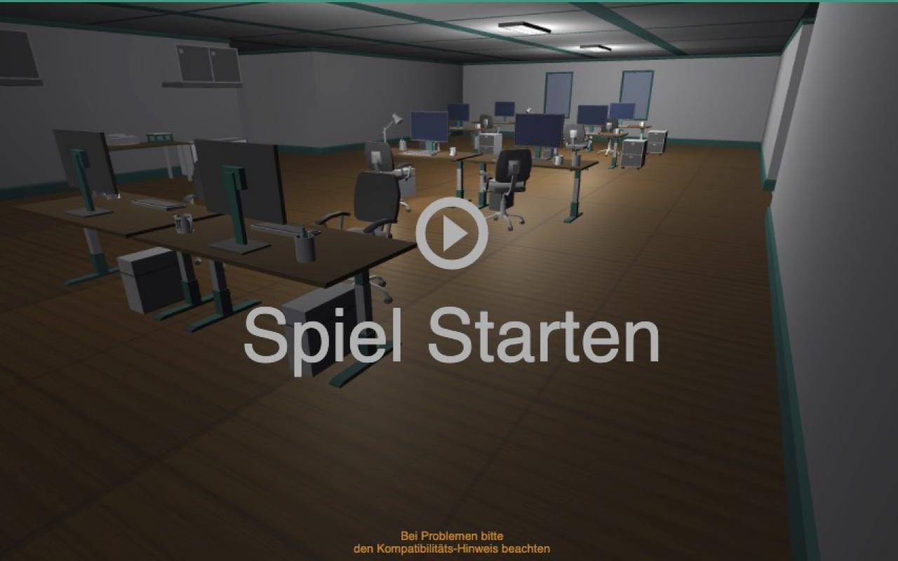 Startbildschirm des Online-Spiels »Phishing Master«, verlassenes animiertes Großraumbüro, darüber der Schriftzug "Spiel starten"