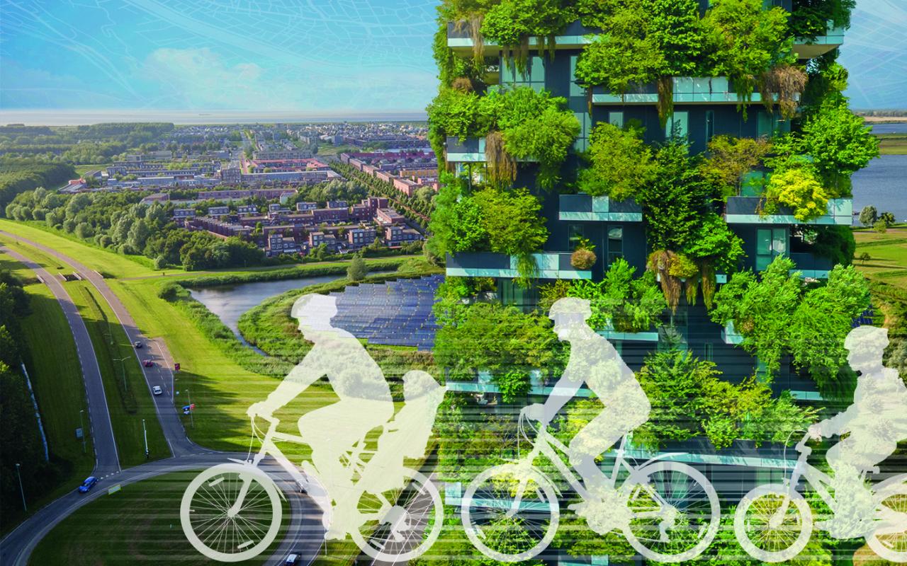 Greened high-rise building. In the foreground three sketched cyclists.