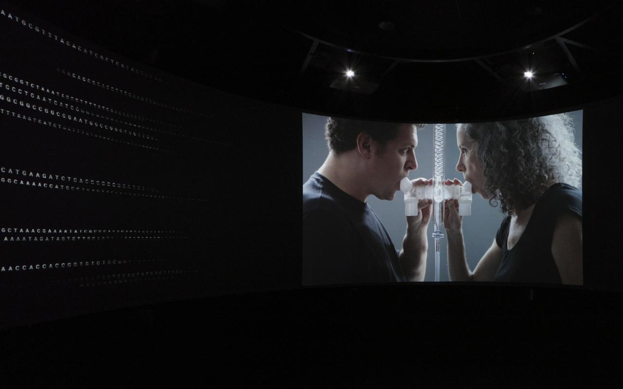 »93% Human« von Helen Pynor. Zu sehen ist ein dunkler Raum. Auf der rechten Seite befindet sich ein abgerundeter Bildschirm. Dieser zeigt zwei Personen, die in Glasmundstücke pusten, Diese Glasmundstücke sind an einem Glasrohr befestigt.