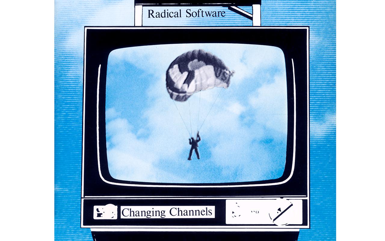 Die Zeichnung zeigt das Cover der Zeitschrift »Radical Software«. Zu sehen ist ein altes Fernsehgerät vor einem Himmel. Im Bildschirm sieht man einen Fallschirmspringer. 