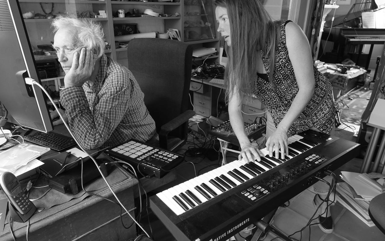 Peter Zinovieff and Lucy Railton working on their music project RFG