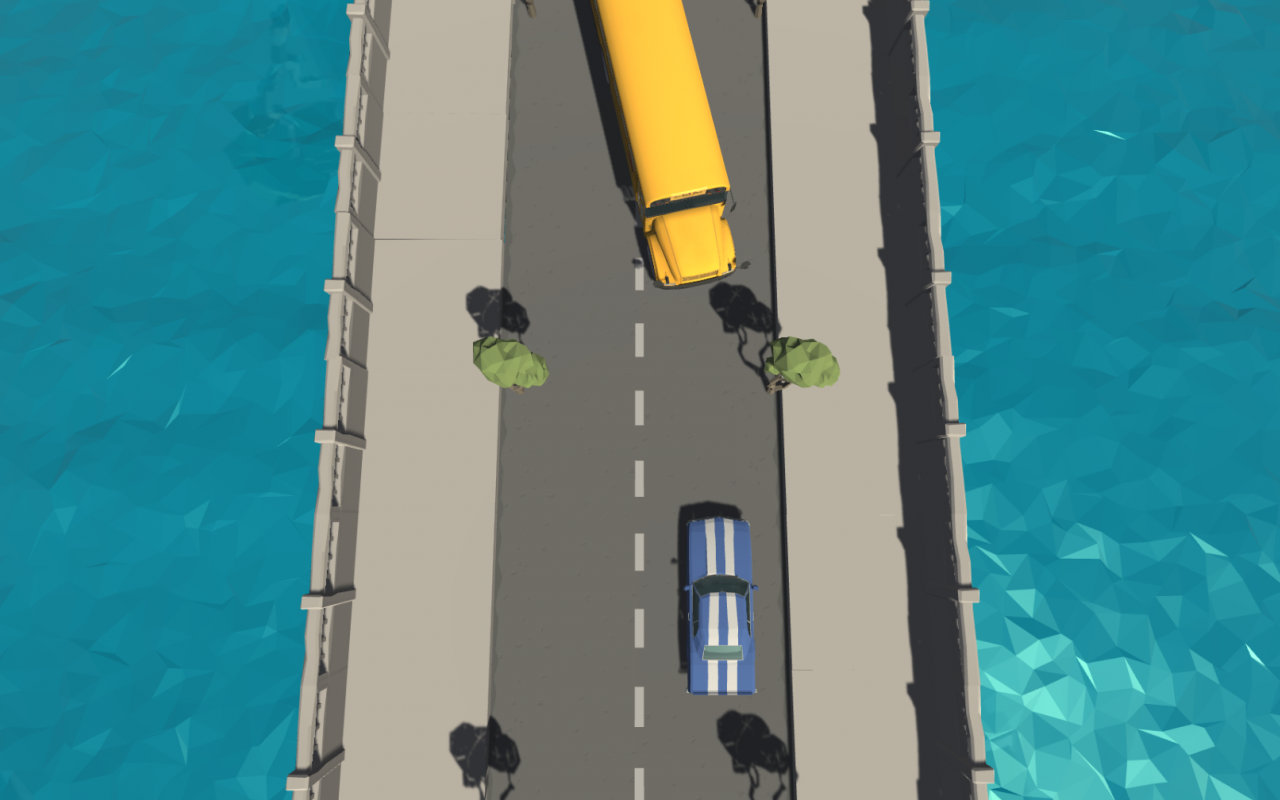 Die Graphik zeigt zwei aufeinanderzufahrende Fahrzeuge auf einer Brücke 