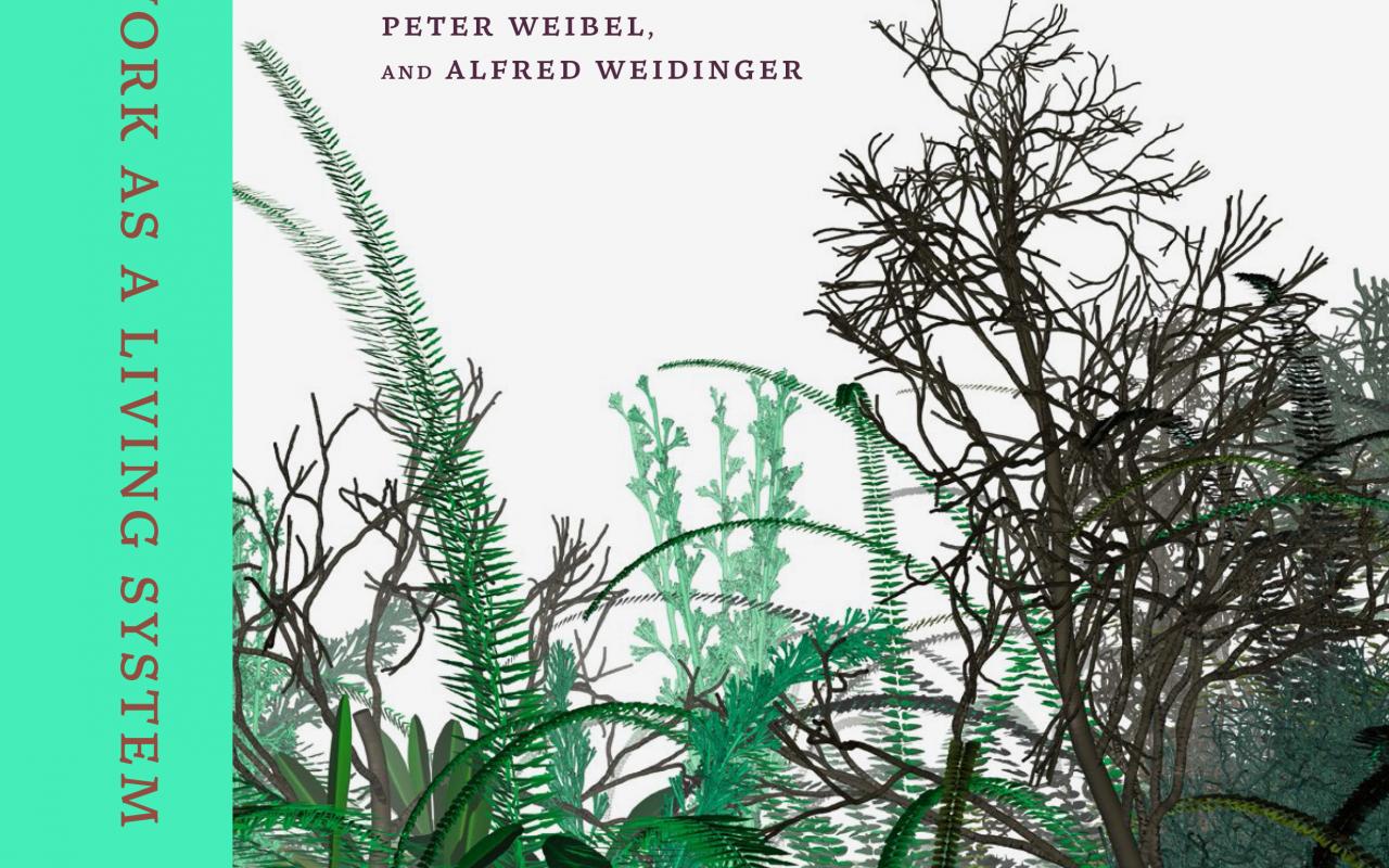 Cover der Publikation »Christa Sommerer & Laurent Mignonneau«, 2022, verschiedene Pflanzen bedecken das Cover, am oberen Rand steht der Titel in Großbuchstaben