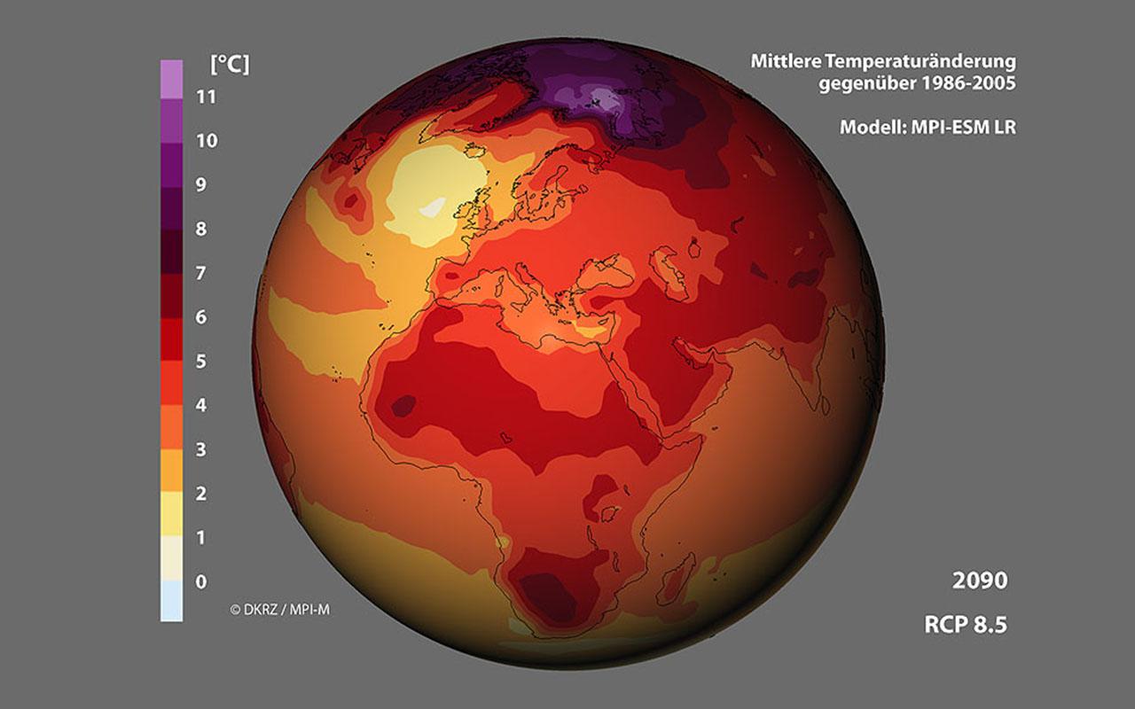 A world map with the average temperature change compared to 1986-2005