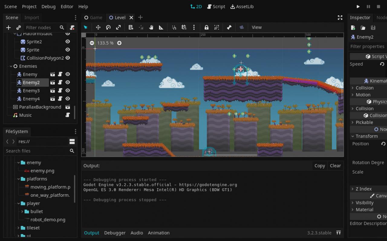 2D Arbeitsraum UI von Godot Game Engine. Das gezeigte Projekt ist die von den Godot-Entwicklern bereitgestellte Demo.