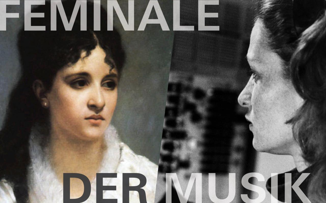 The text »Feminale der Musik« with two portraits of women, one lady in an 18th century painting and the second in a 20th century photograph.