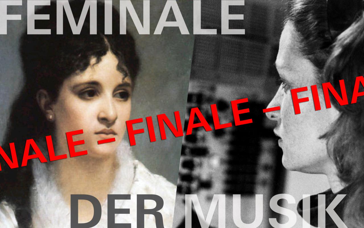 The text »Feminale der Musik« with two portraits of women, one lady in an 18th century painting and the second in a 20th century photograph.