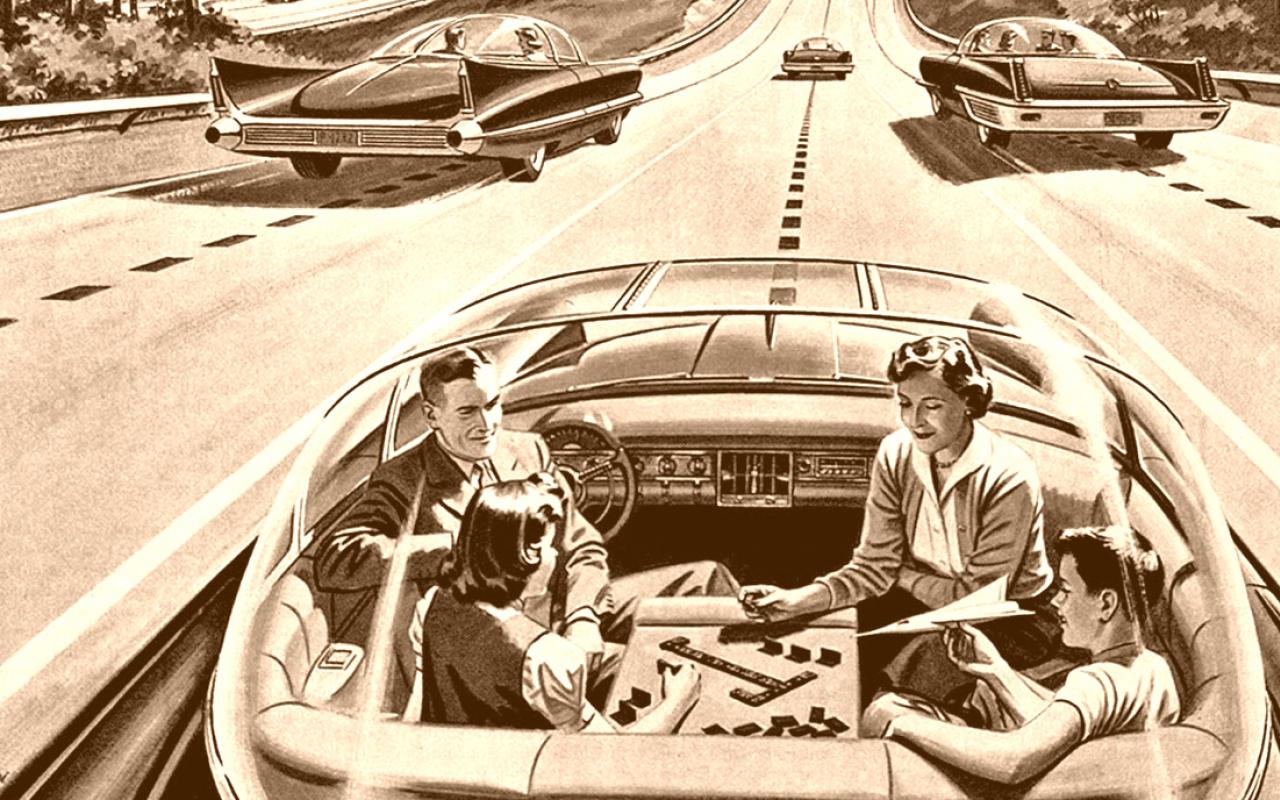 Vintage Zeichnung einer Familie in einem selbstfahrenden Auto.