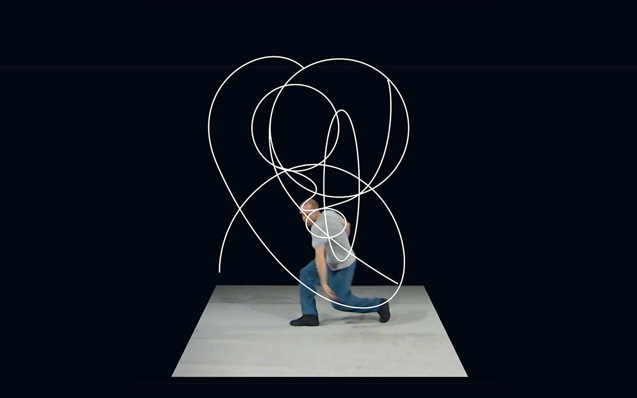 William Forsythe is seen in motion. His movement is visualised by a white line.