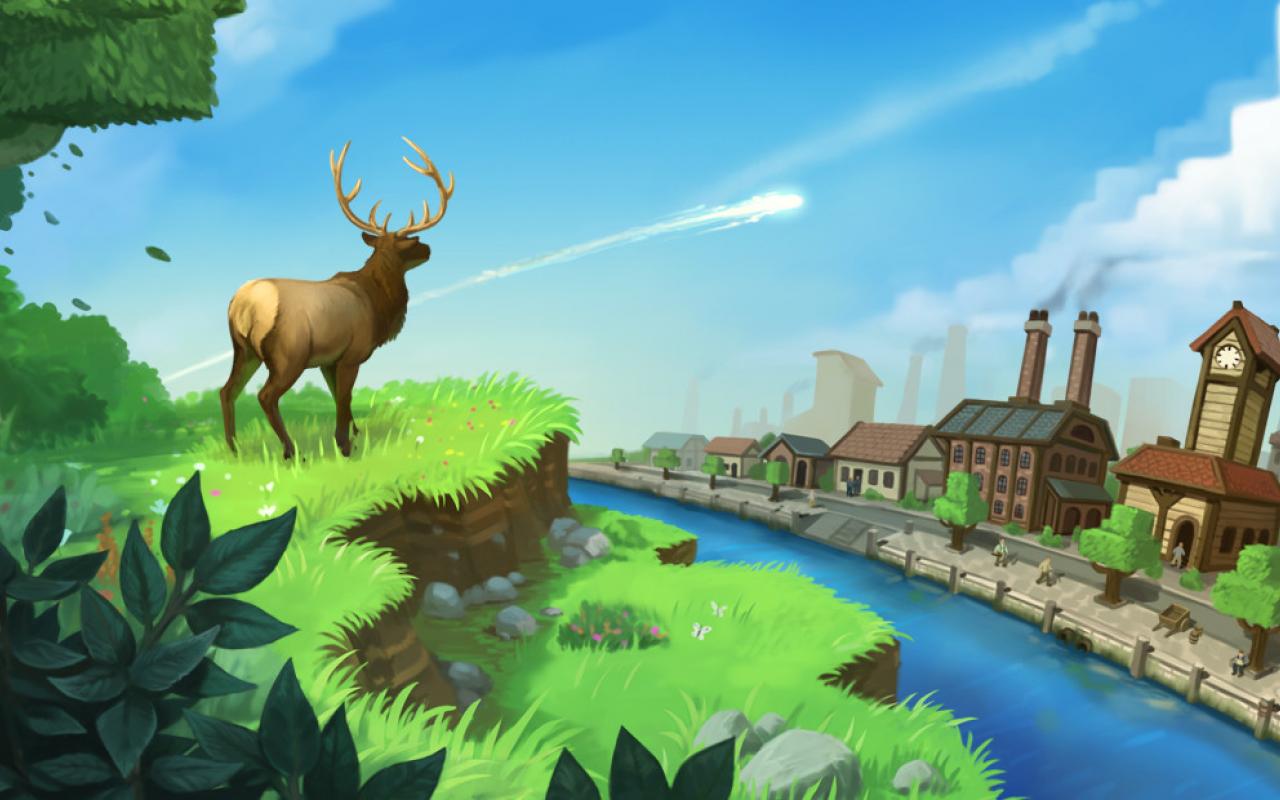 Screenshot of the computer game "ECO"; A deer looks at a city that will soon be hit by a meteorite.