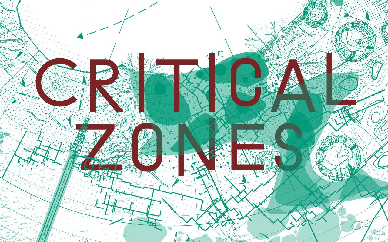 Man sieht eine türkise Weltkarte mit einem roten Schriftzug Critical Zones.