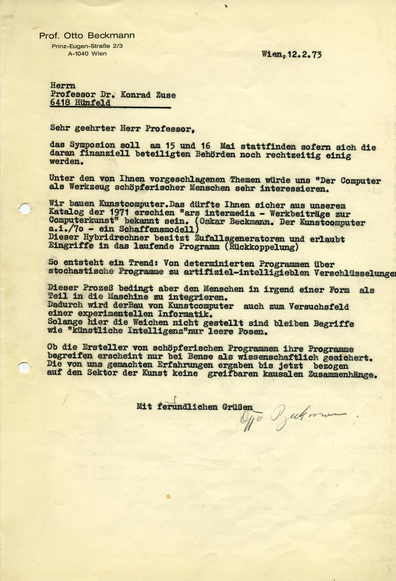 Otto Beckmann: Brief an Konrad Zuse