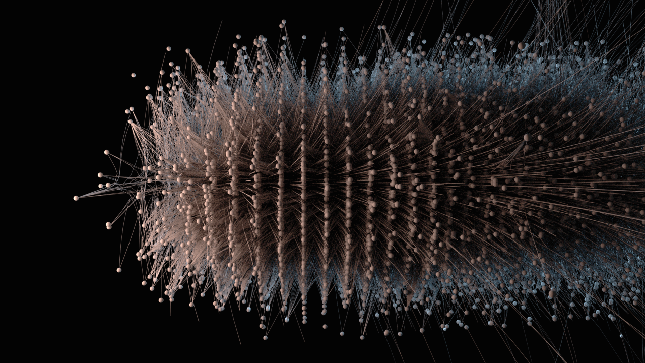 Zu sehen ist eine Visualisierung eines Netzwerkes, deren Form einer braunen Raupe ähnelt, die von oben betrachtet wird. 