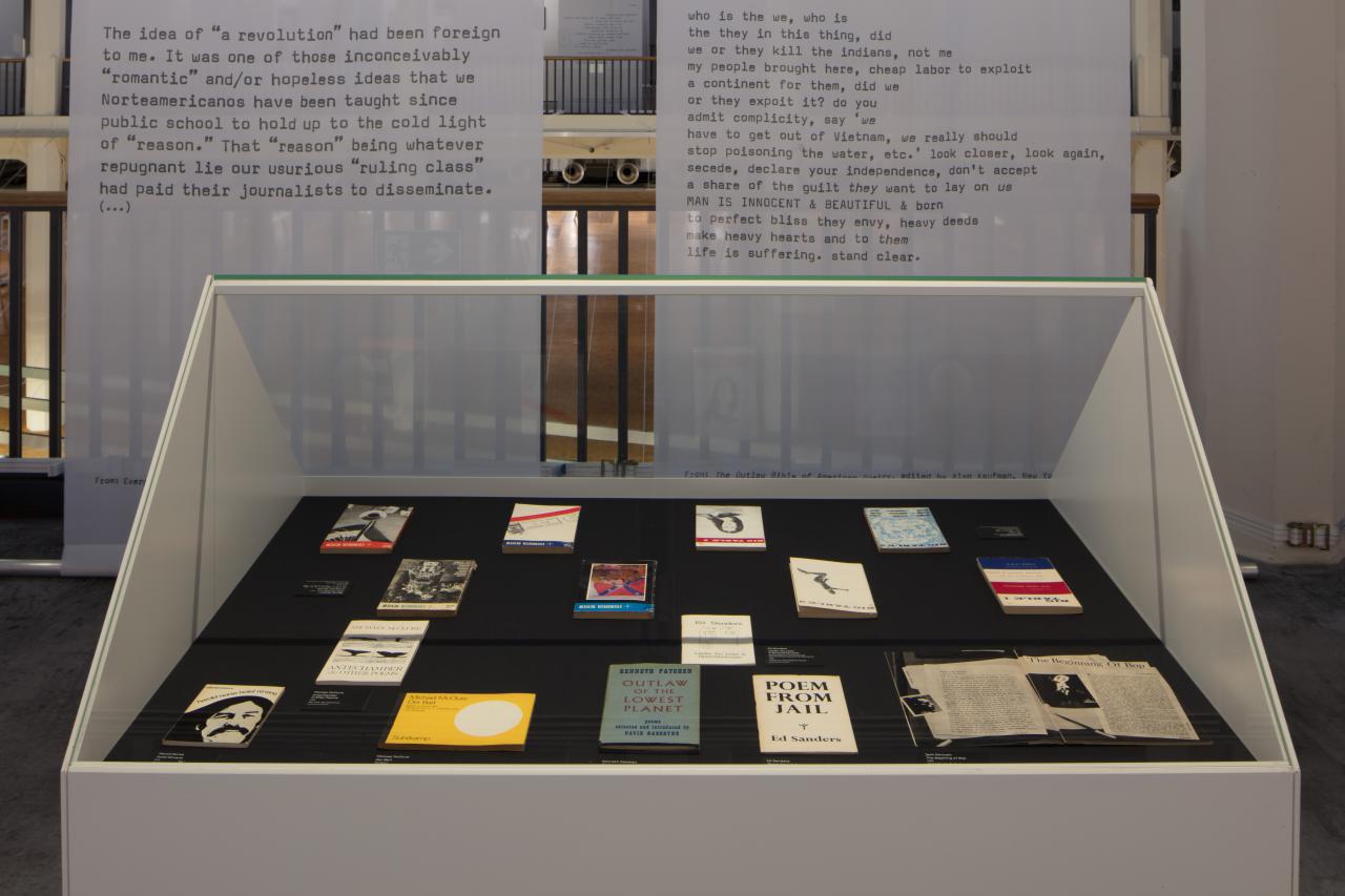 View of a display case in which books are placed