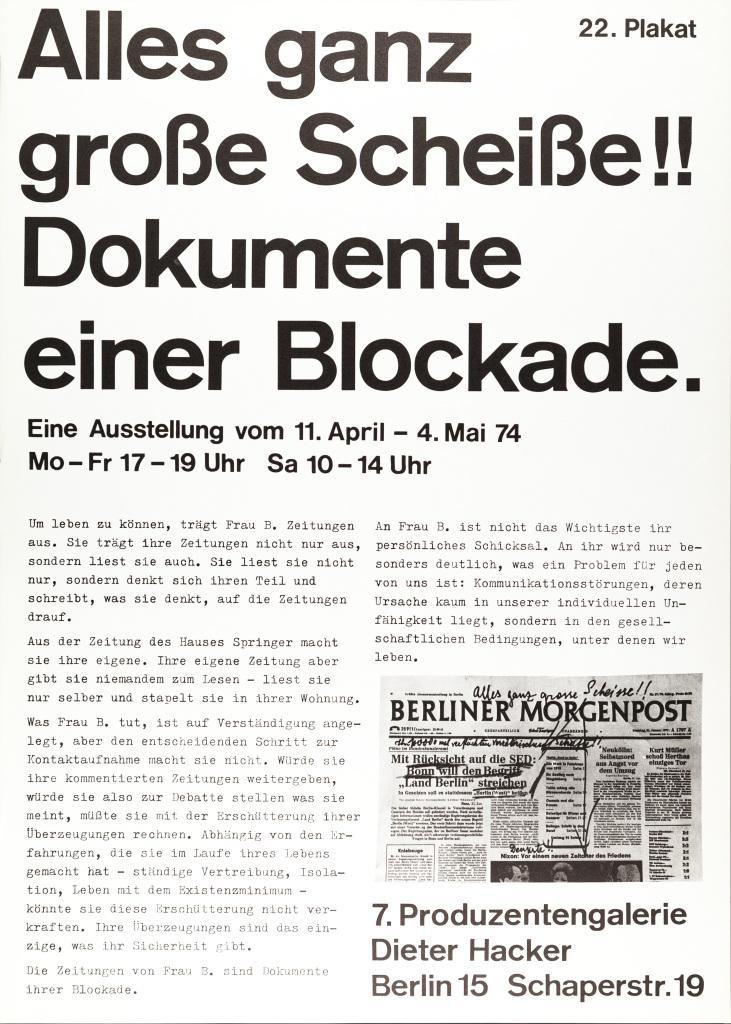 Plakat mit Text: Alles ganz große Scheiße!! Dokumente einer Blockade